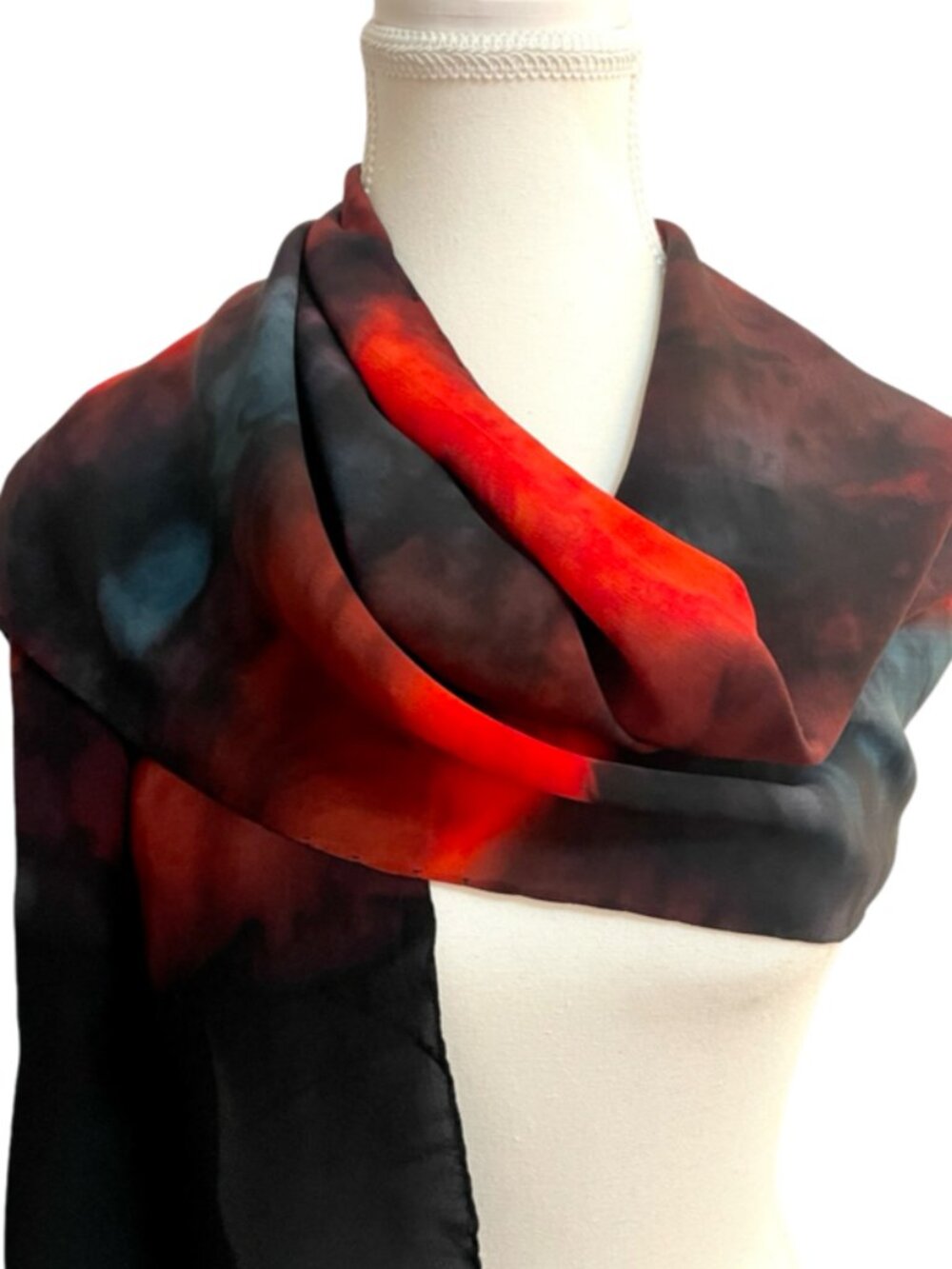 Reine Seide Hand Rolled Silk Feel Abstract Scarf Red Black Brown Long Oblong